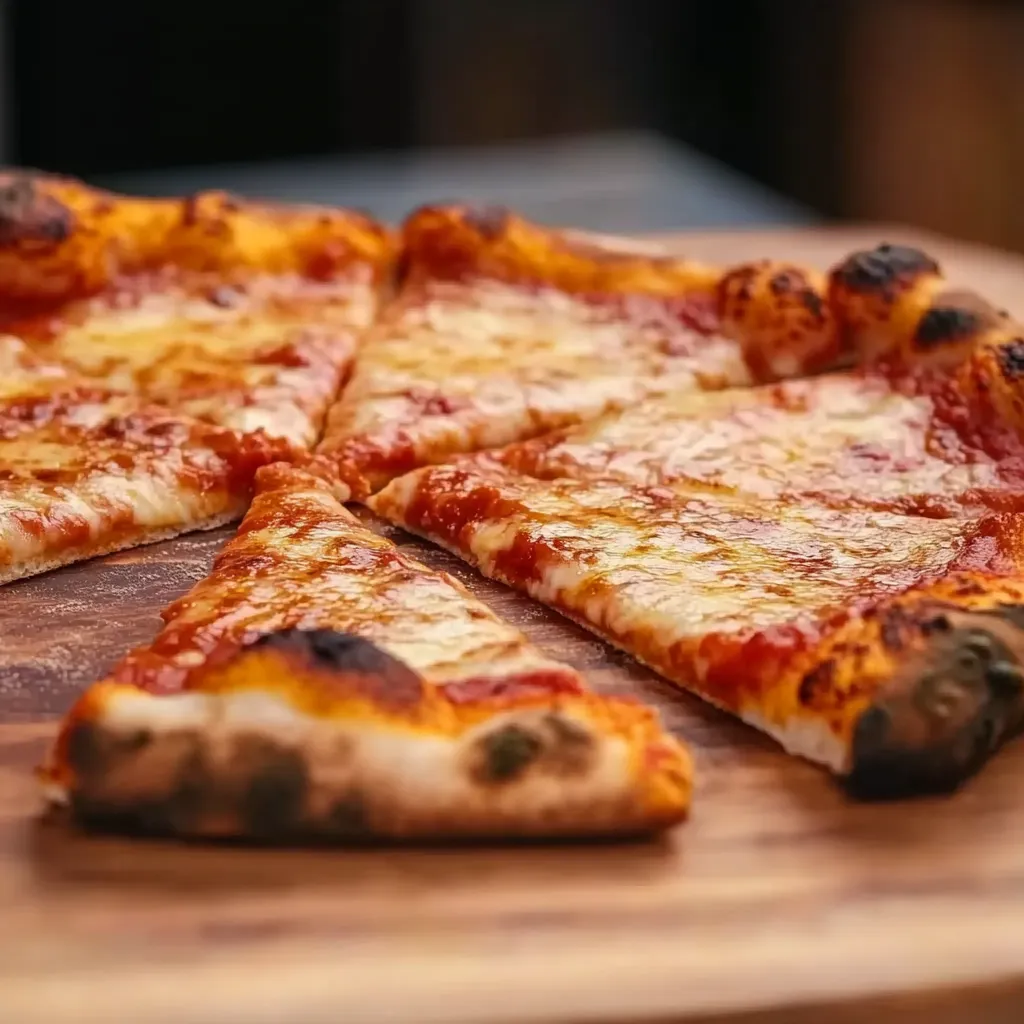 A pizza with cheese and sauce on a wooden table.