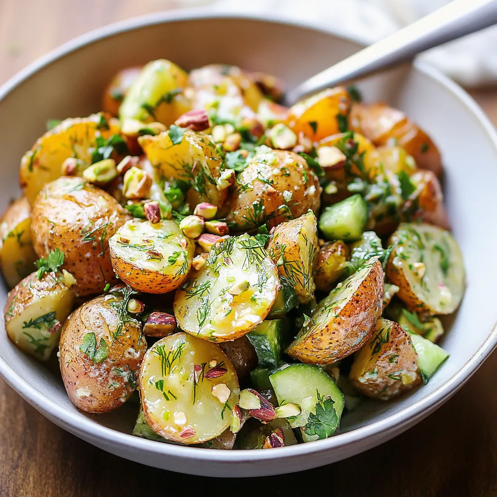 A bowl of food with potatoes, cucumbers, and nuts.