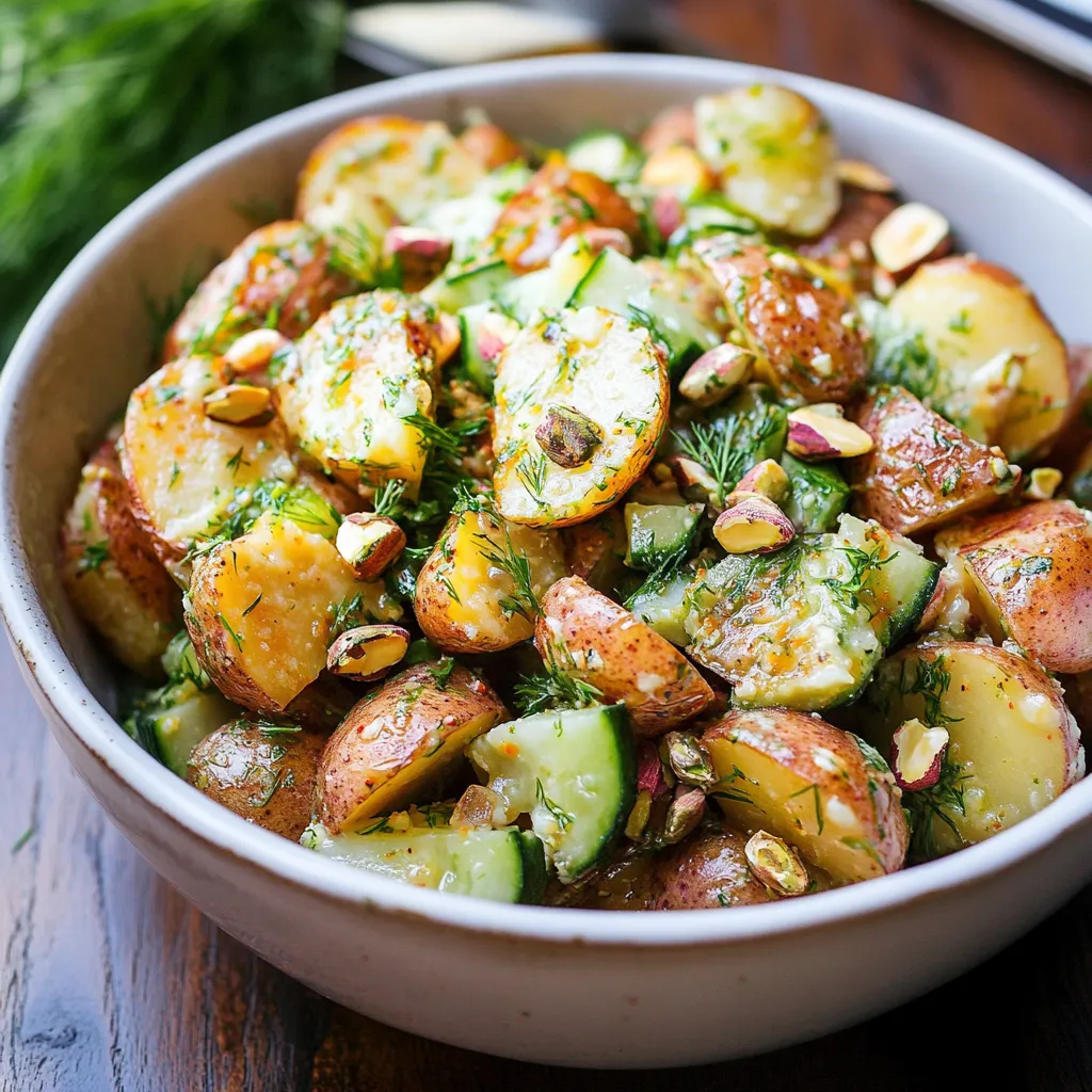 A bowl of potatoes with herbs and nuts.