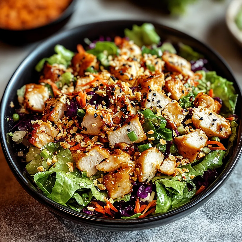 A bowl of chicken salad with vegetables.