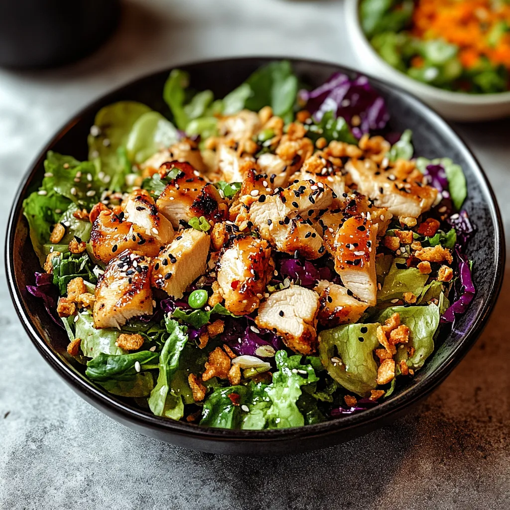 A bowl of salad with chicken and sesame seeds.