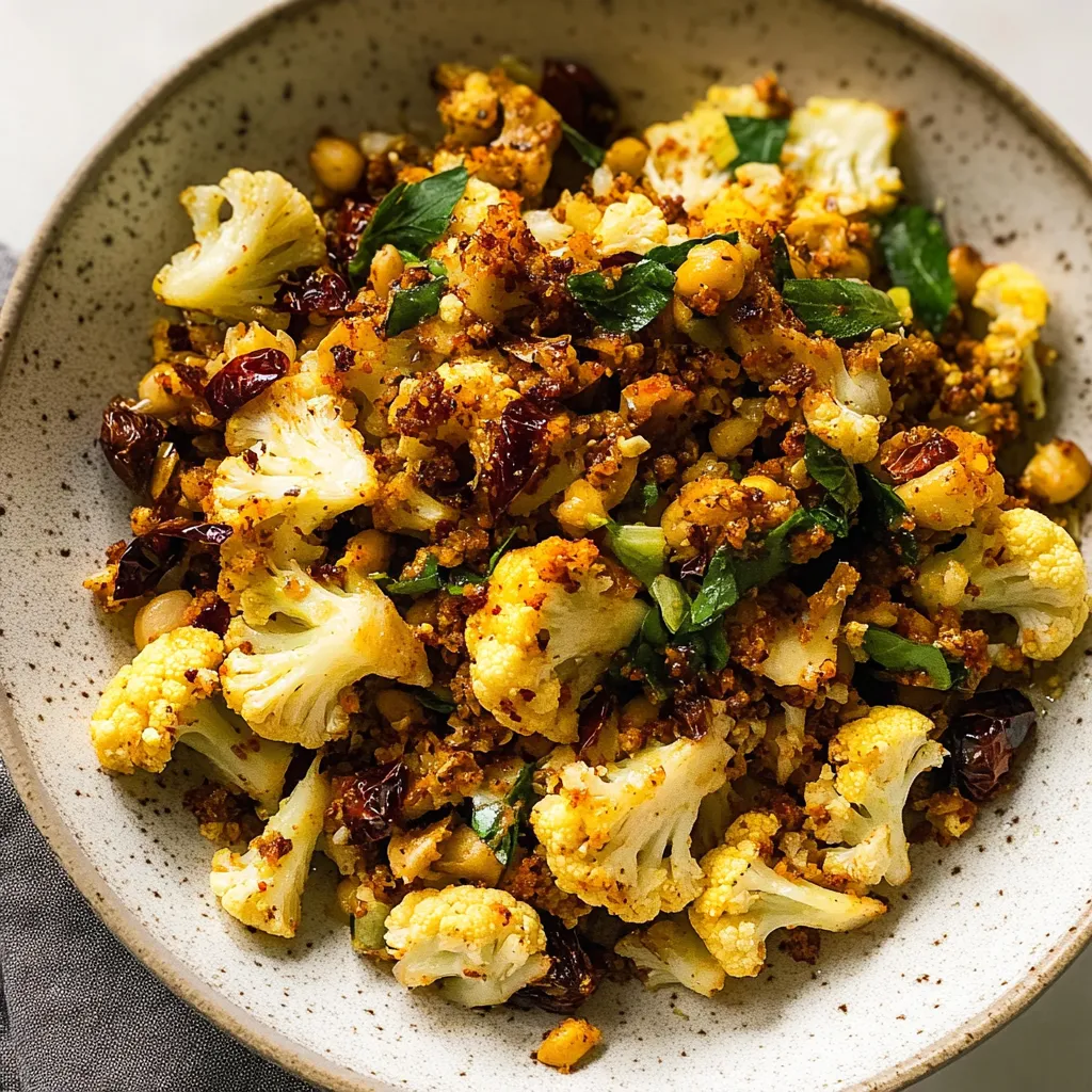 A colorful bowl filled with roasted cauliflower, chickpeas, and greens.