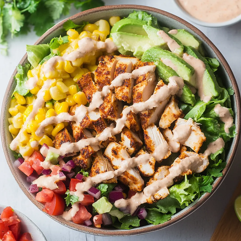 A vibrant bowl of fresh vegetables, chicken, and creamy toppings.
