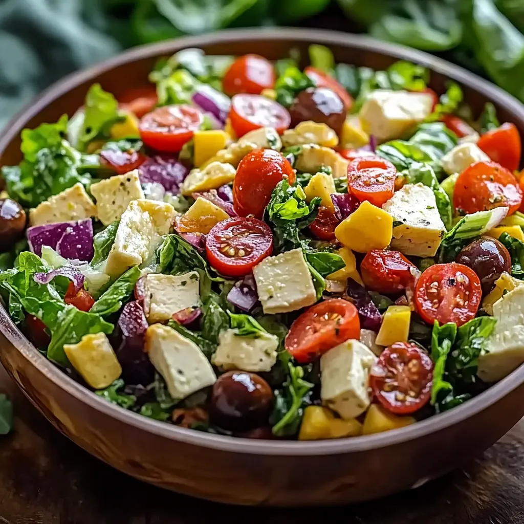 A vibrant bowl of greens, tomatoes, cucumbers, and cheese.