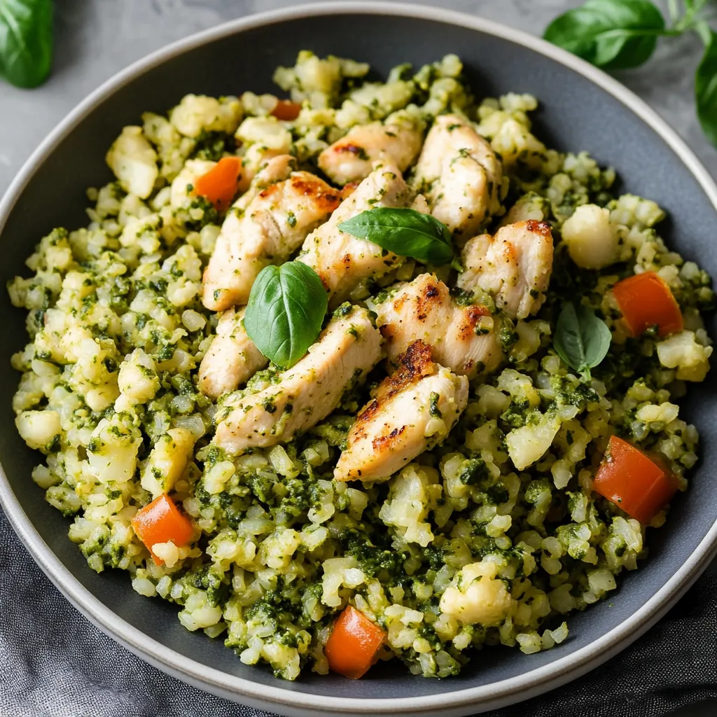 A hearty bowl with chicken and cauliflower rice.