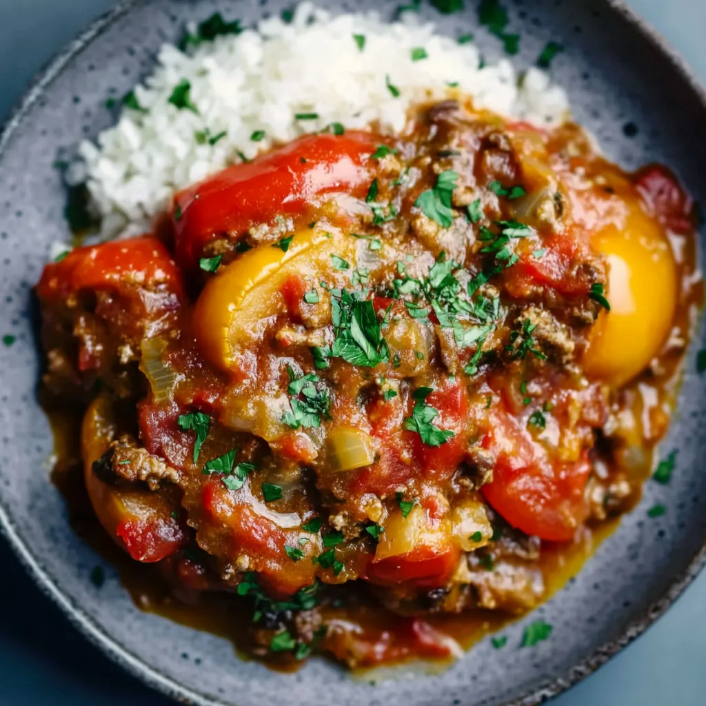 A bowl with rice, meat, and peppers.