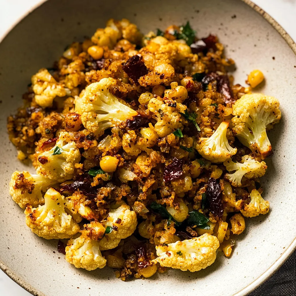 A bowl of food with cauliflower and other vegetables.