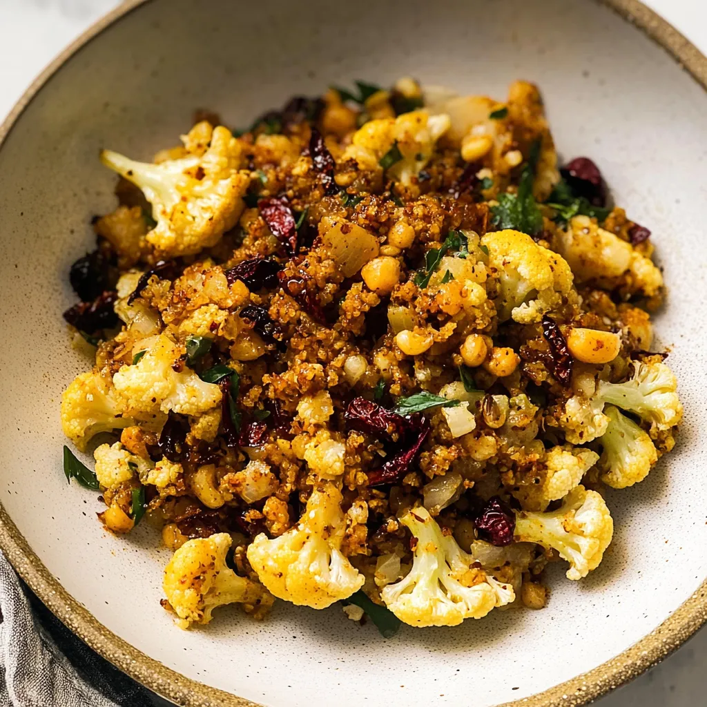A bowl of food with cauliflower and other vegetables.