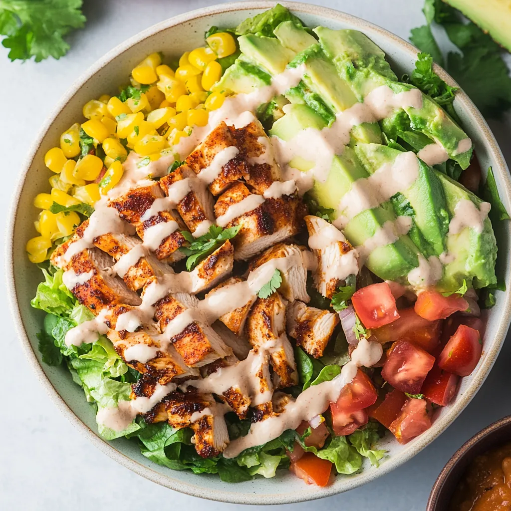 A bowl of chicken salad with tomatoes and avocado.