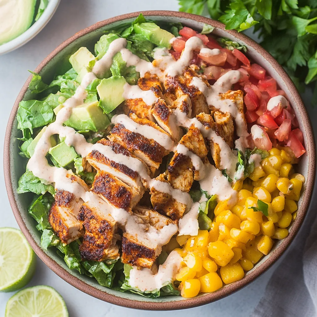 A bowl of food with chicken, tomatoes, avocado, and corn.