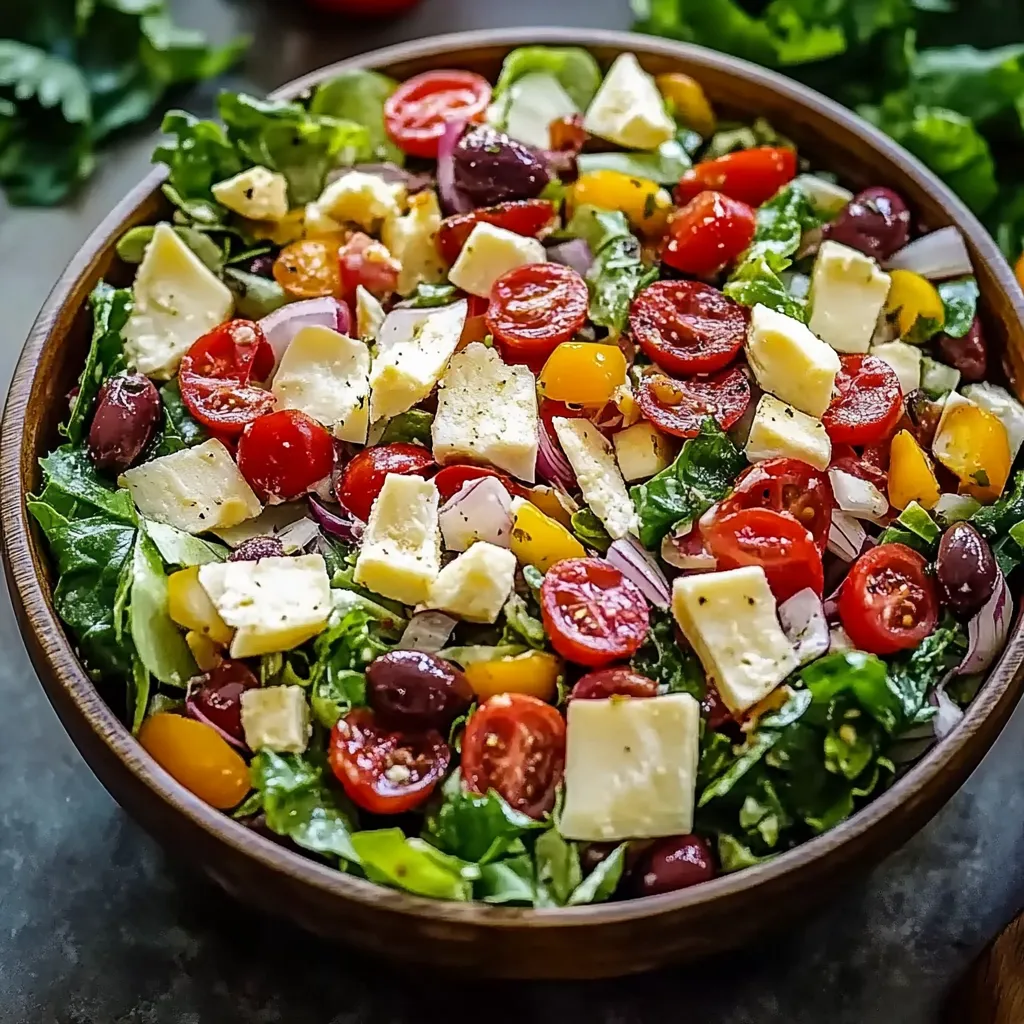 A bowl of salad with tomatoes, cheese, and olives.