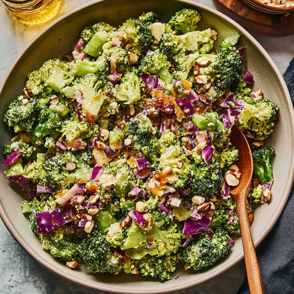 A bowl of broccoli and nuts.