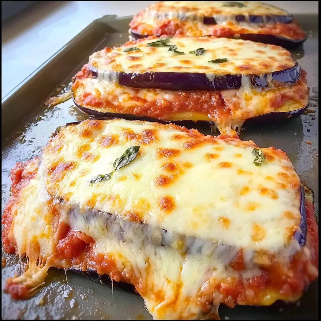 Cheesy eggplant and ham sandwich fresh from the oven.