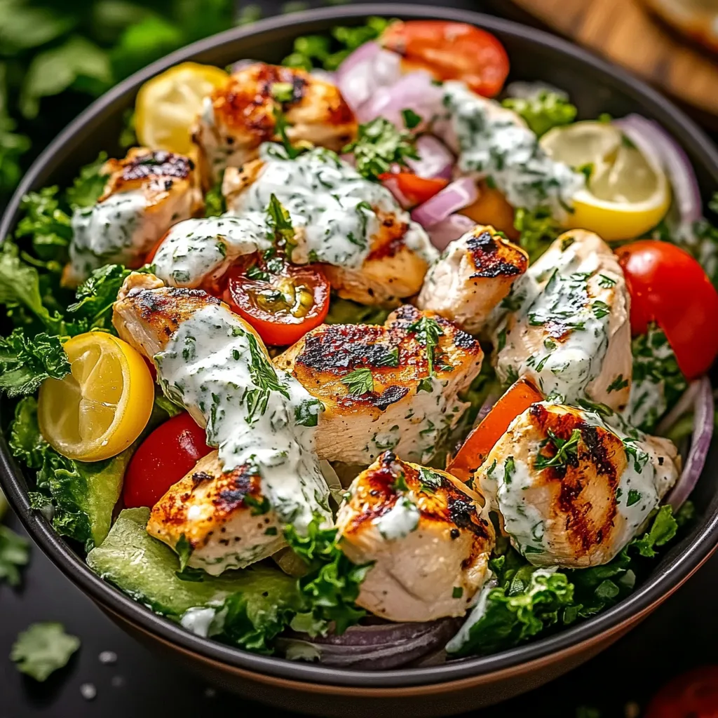 A bowl of food with chicken, tomatoes, onions, and lettuce.