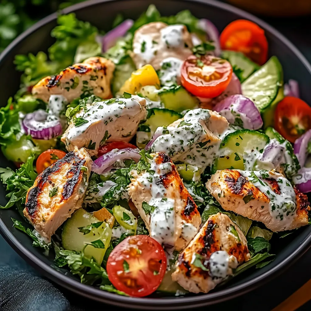 A bowl of chicken salad with tomatoes, cucumbers, and onions.