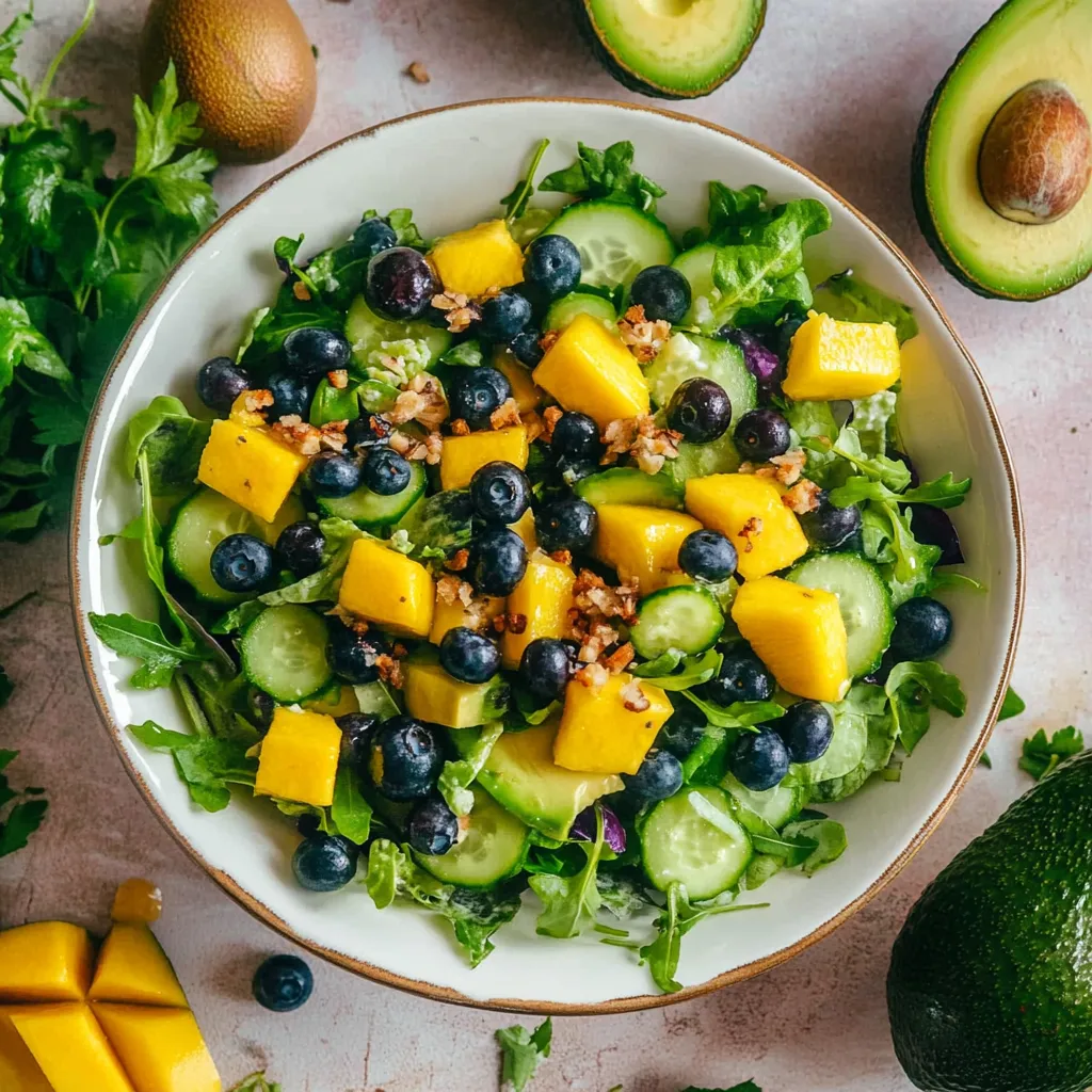 A big bowl filled with avocado, mango, blueberries, and greens.