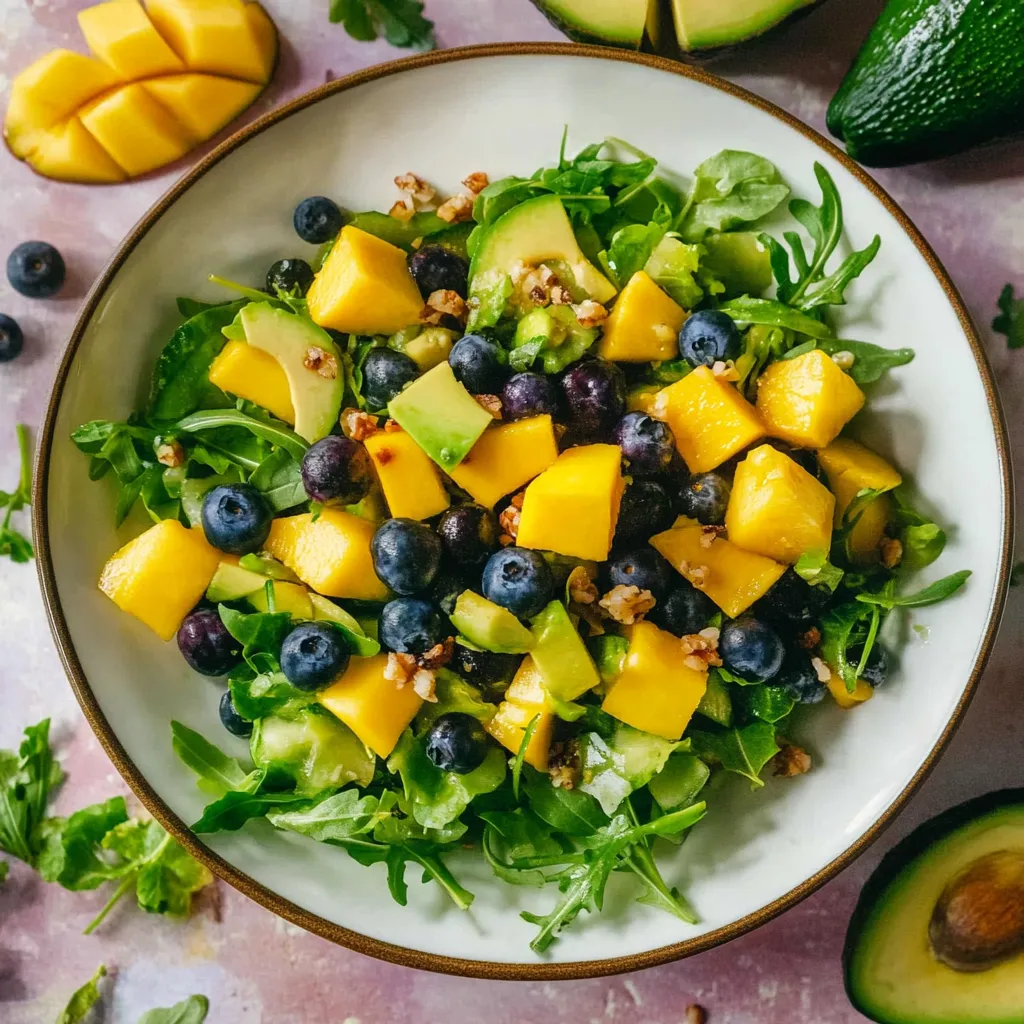 A bowl of fruit salad with blueberries, mango, and avocado.