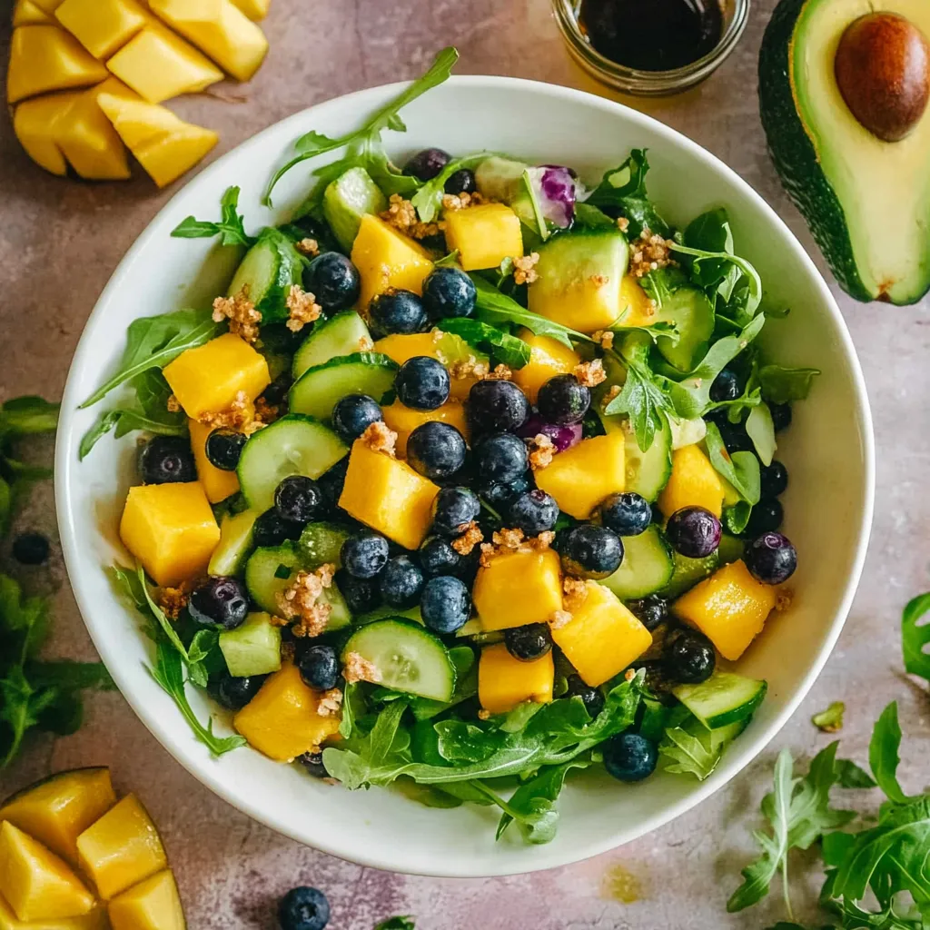 A bowl of fruit salad with blueberries, cucumbers, and avocado.