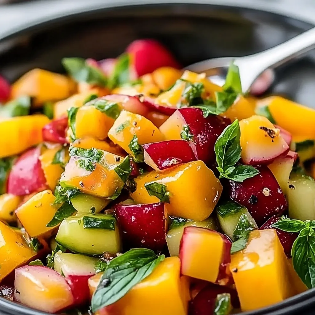 A bowl of fruit with a spoon in it.