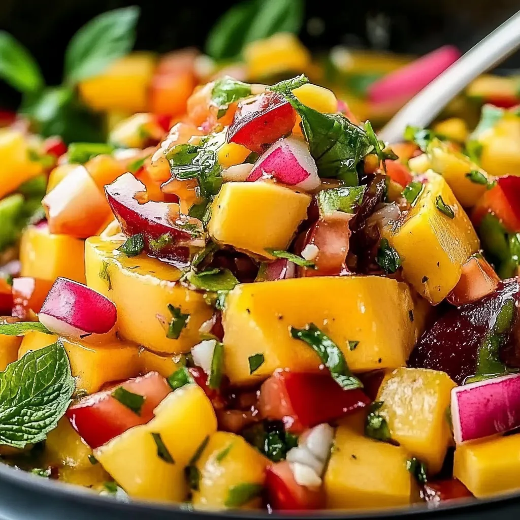 A bowl of fruit salad with a spoon.