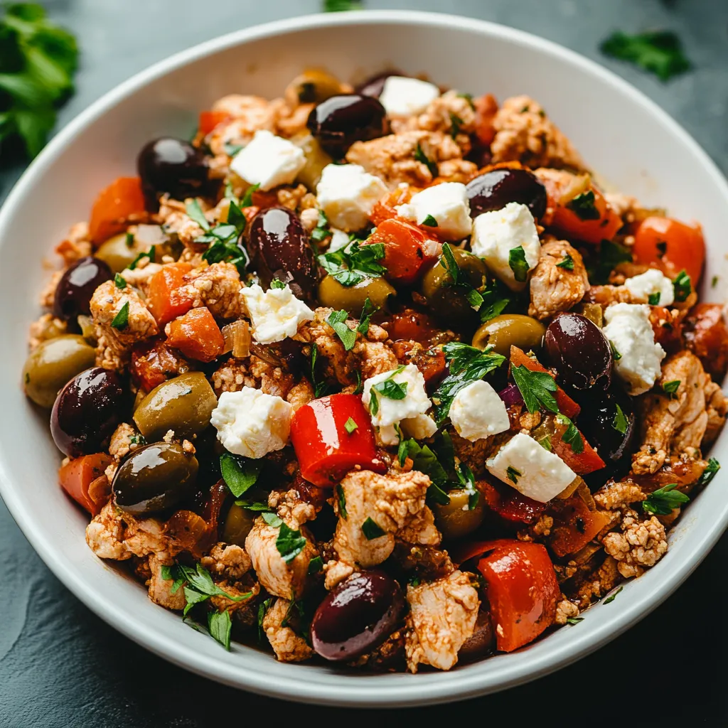 A dish featuring tomatoes, feta, and olives in a bowl.