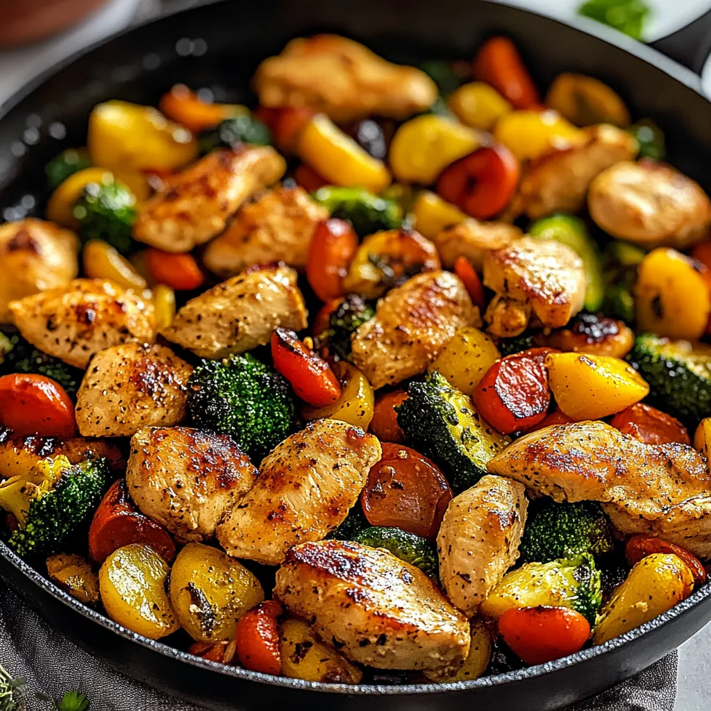 A skillet filled with chicken and colorful vegetables.