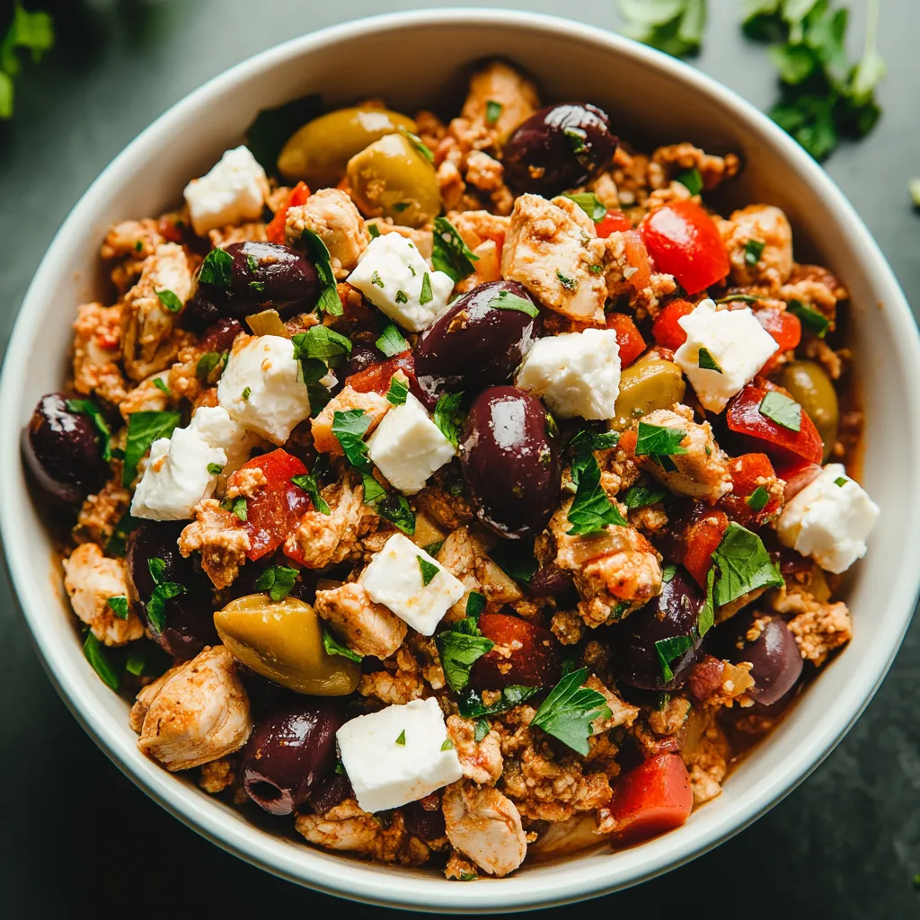 A bowl of food with olives and tomatoes.