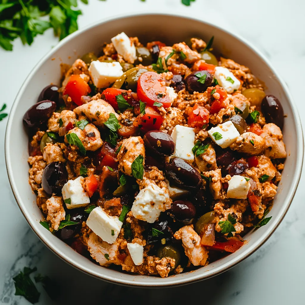 A bowl of food with tomatoes, olives, and cheese.