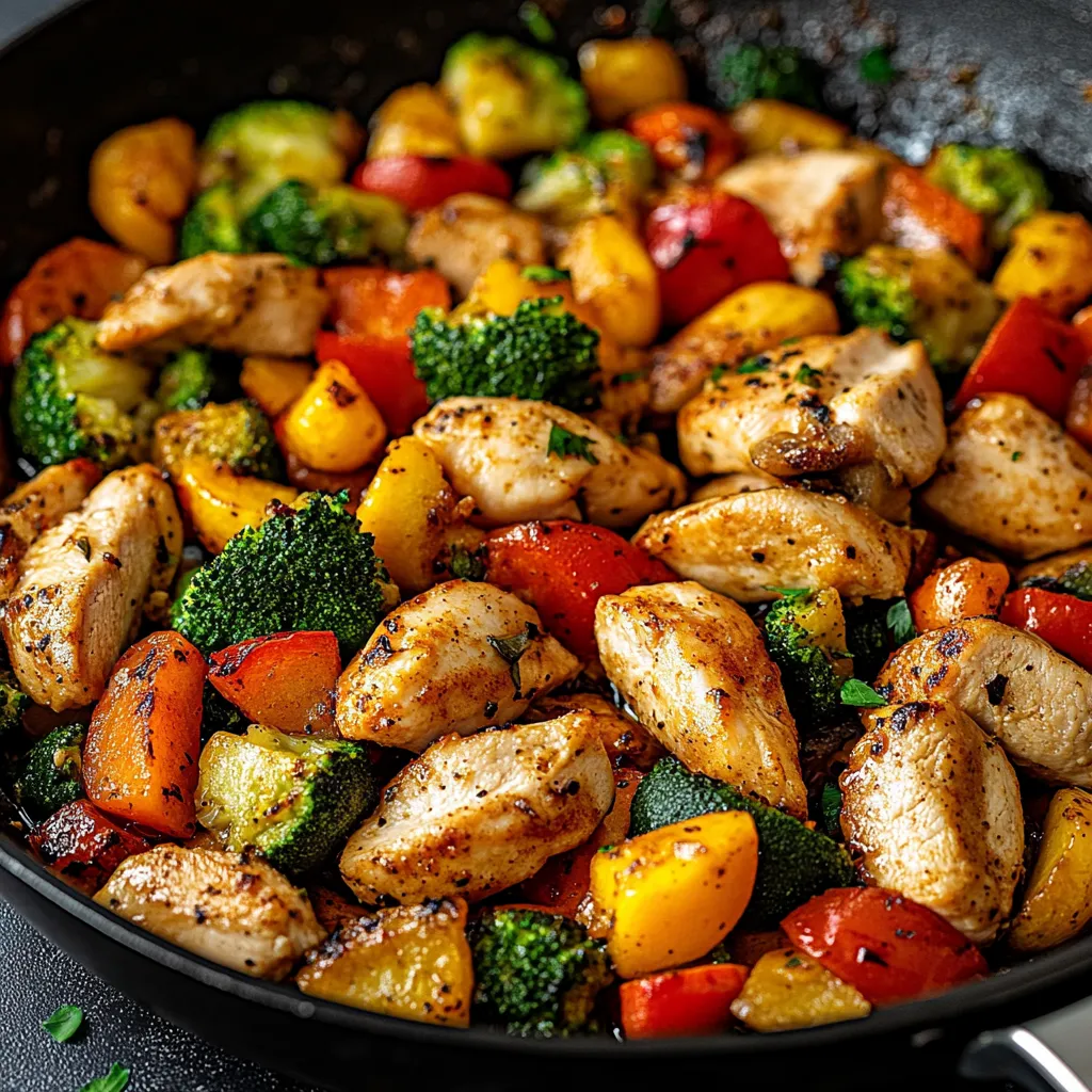 A pan of food with broccoli, carrots, and chicken.