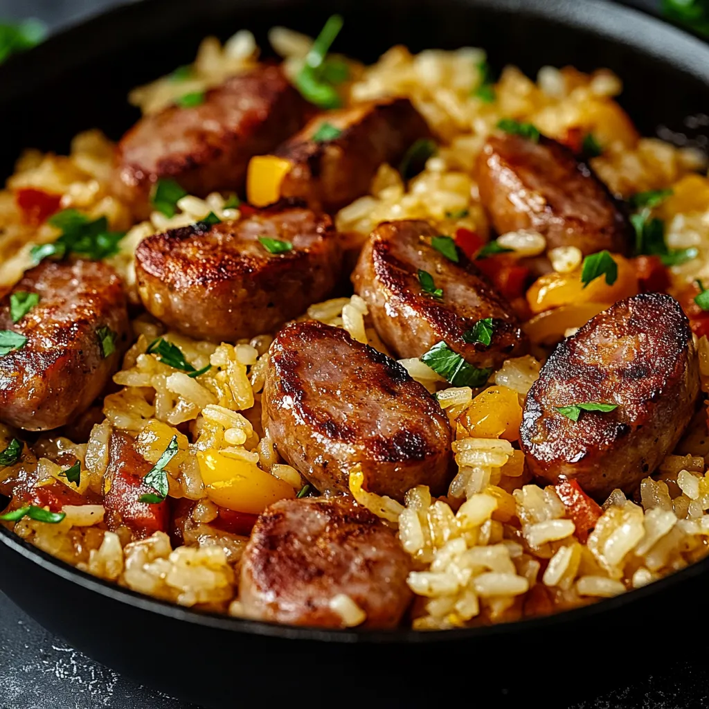 A dish featuring rice, sausages, and colorful peppers.