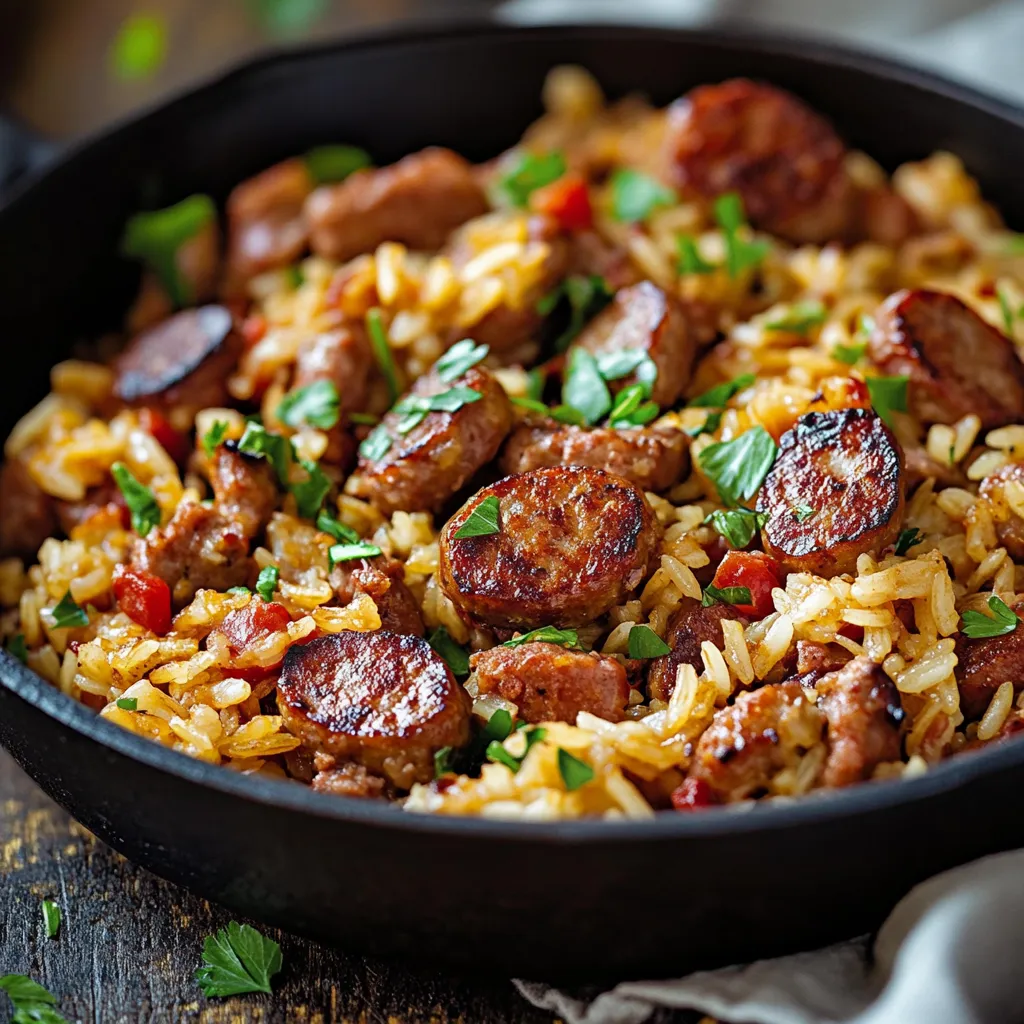 A bowl of rice with sausage and peppers.
