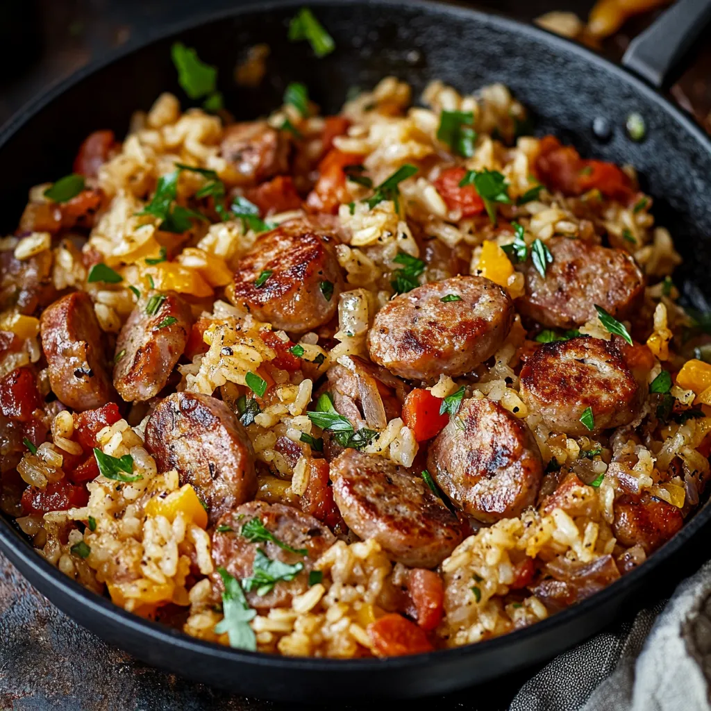 A bowl of rice with sausage and vegetables.