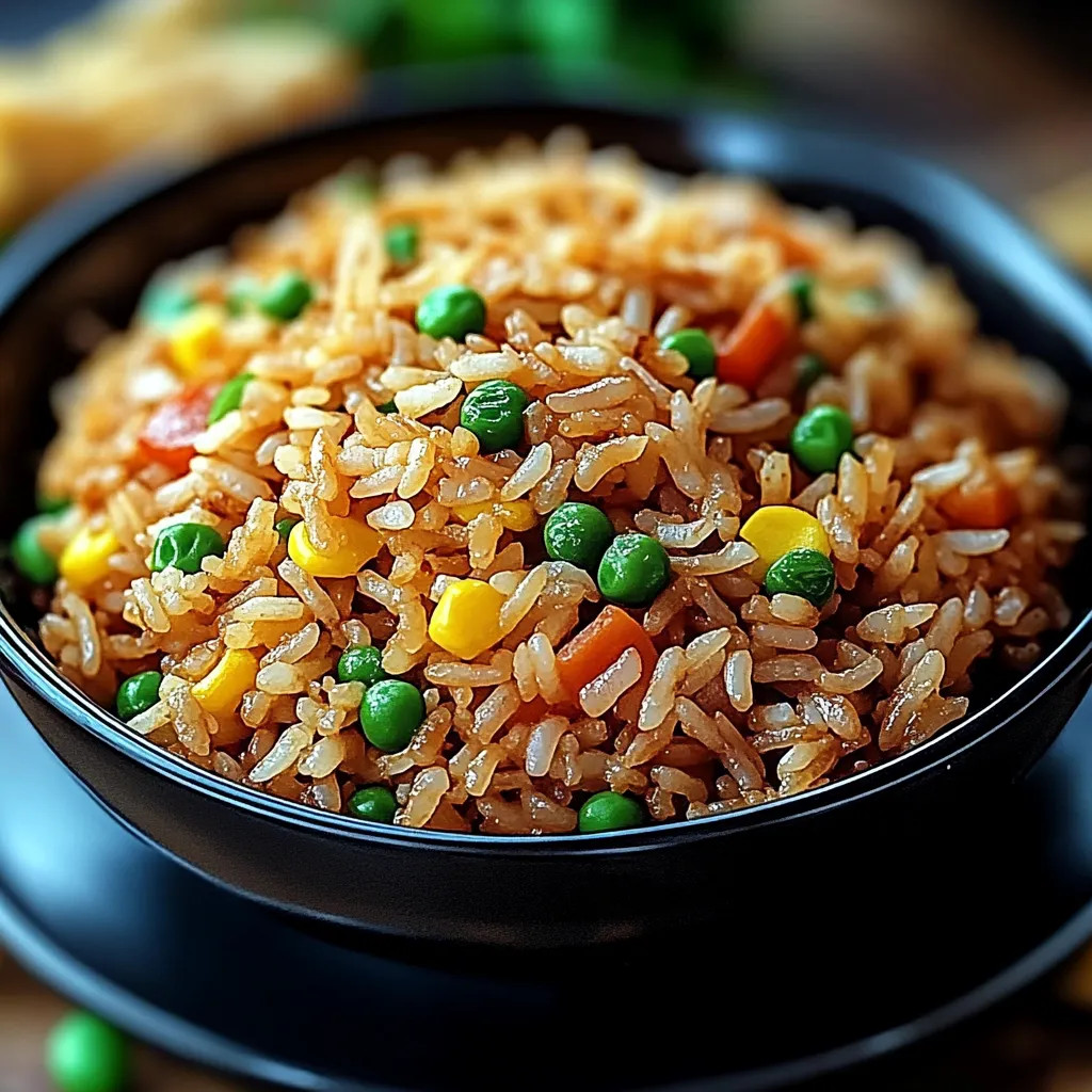 A bowl of rice with colorful peas and carrots.