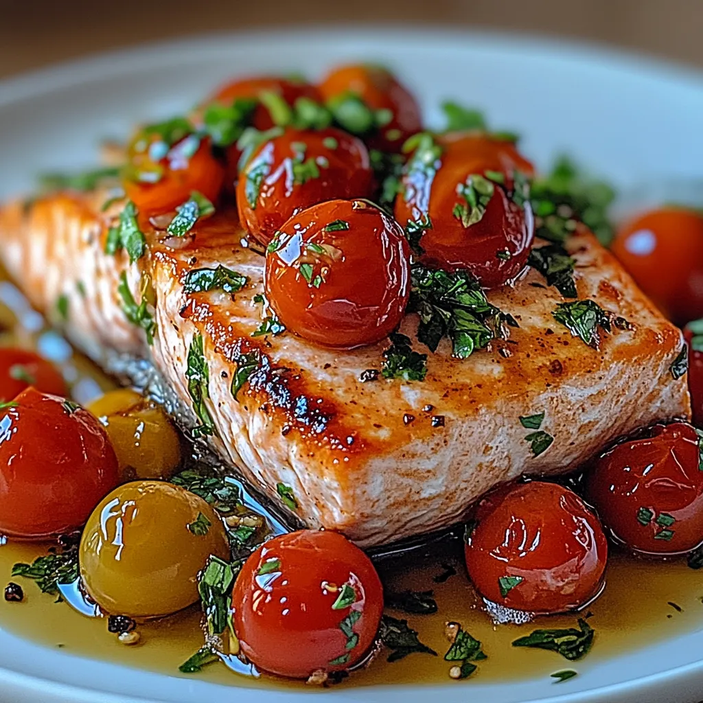 A plate of food with tomatoes and fish.