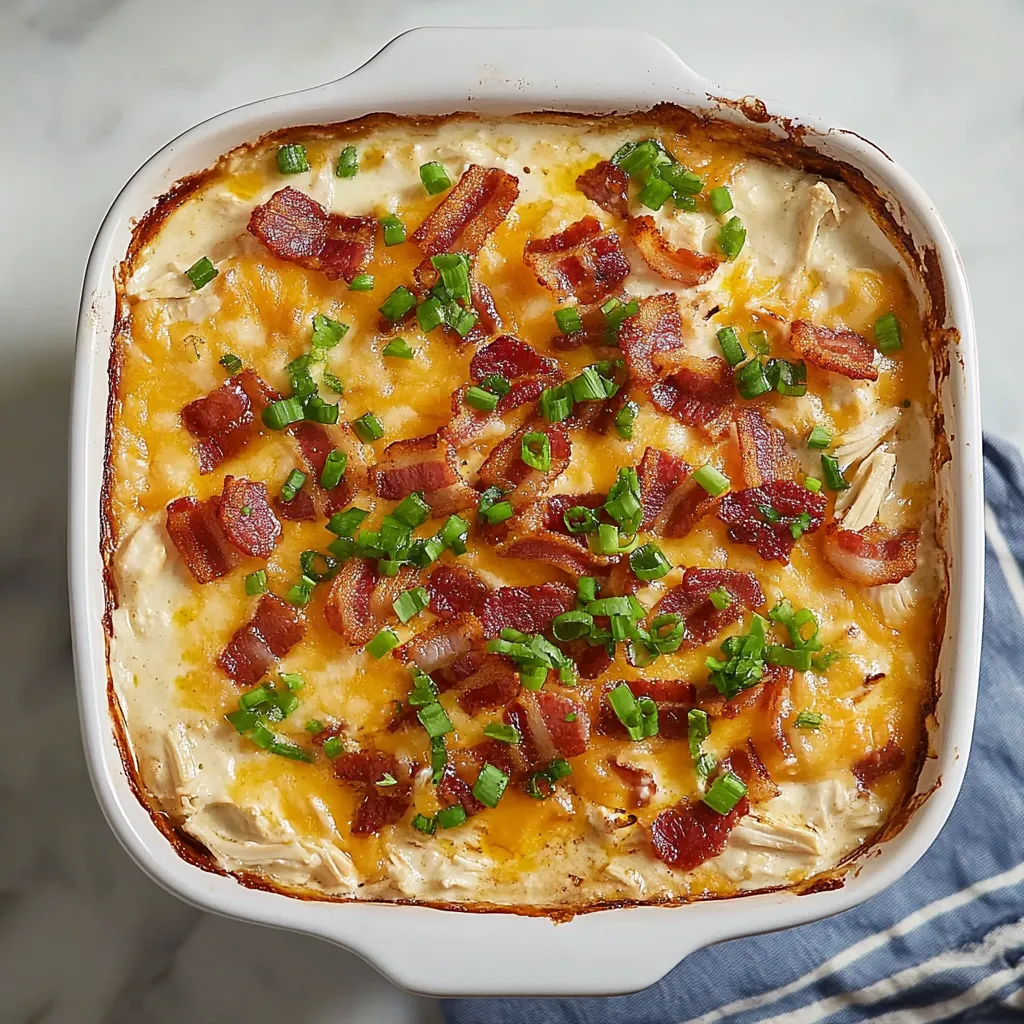 A dish featuring creamy cheese, crispy bacon, and green onion toppings.