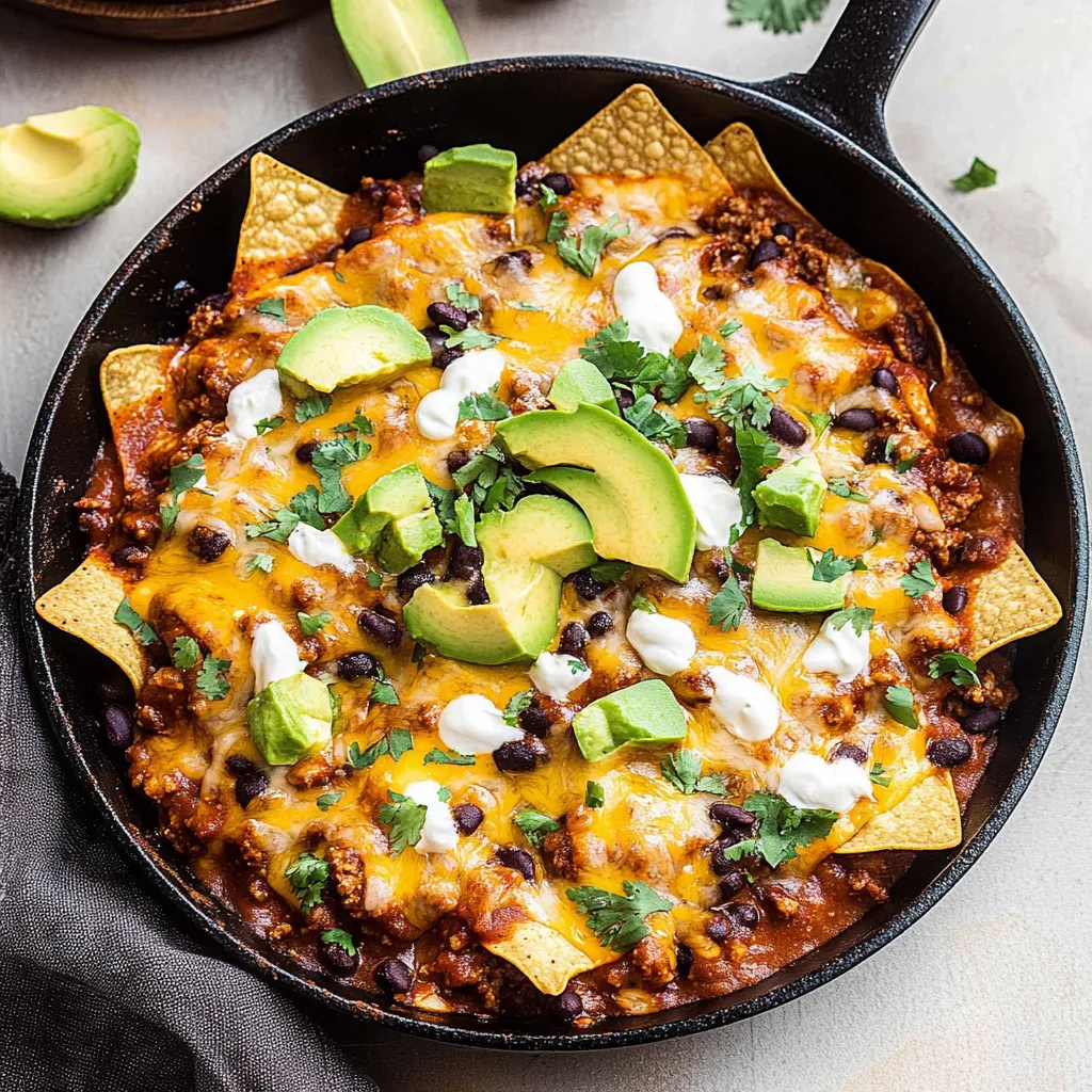 A bowl of nachos with black beans, cheese, and avocado.