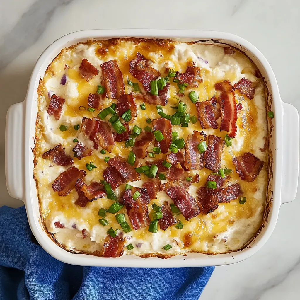 A white bowl filled with a cheesy bacon and potato dish.