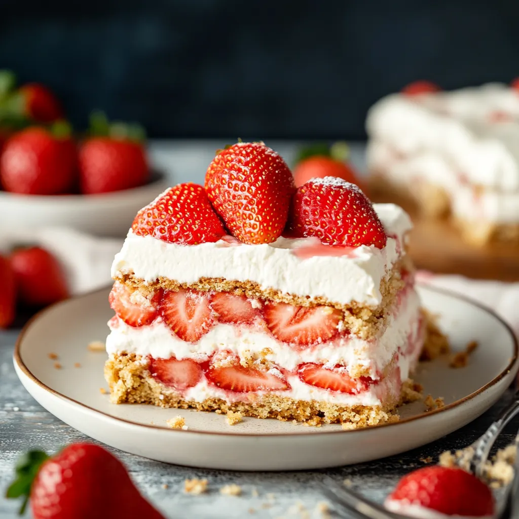 A tasty strawberry dessert slice on a plate.