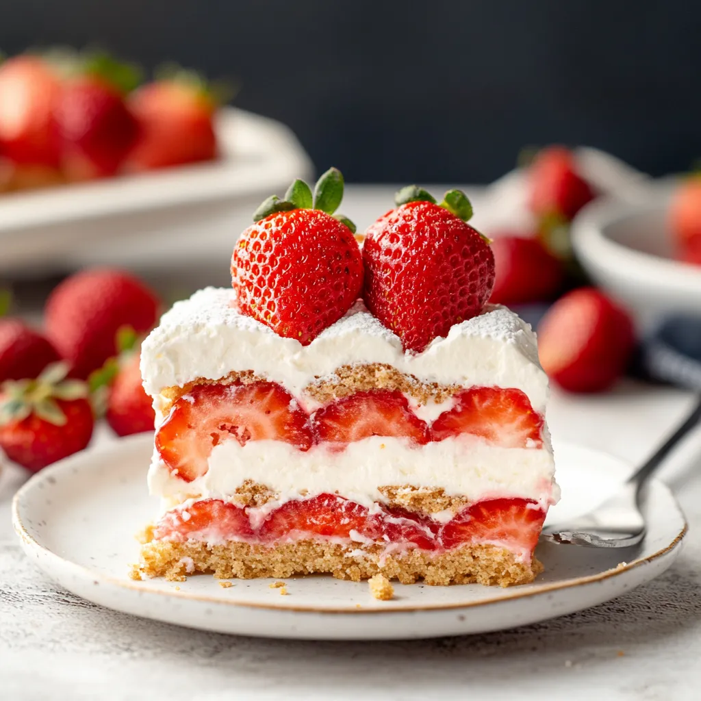 A portion of strawberry cake with fresh berries on top.
