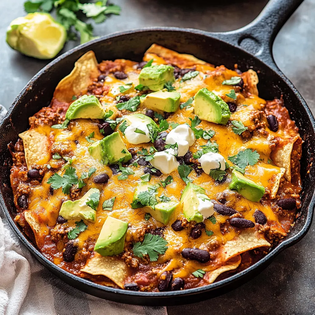 A skillet with a delicious meal of chicken, beans, and cheese.