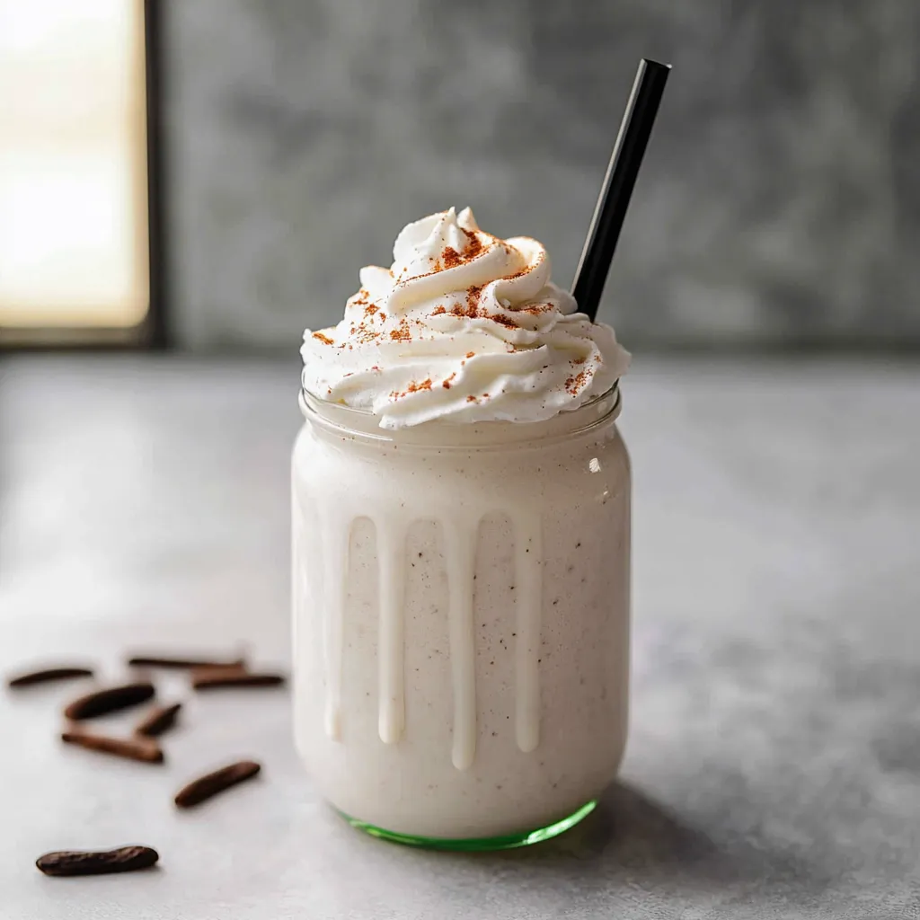 A glass of milk with whipped cream and cinnamon.