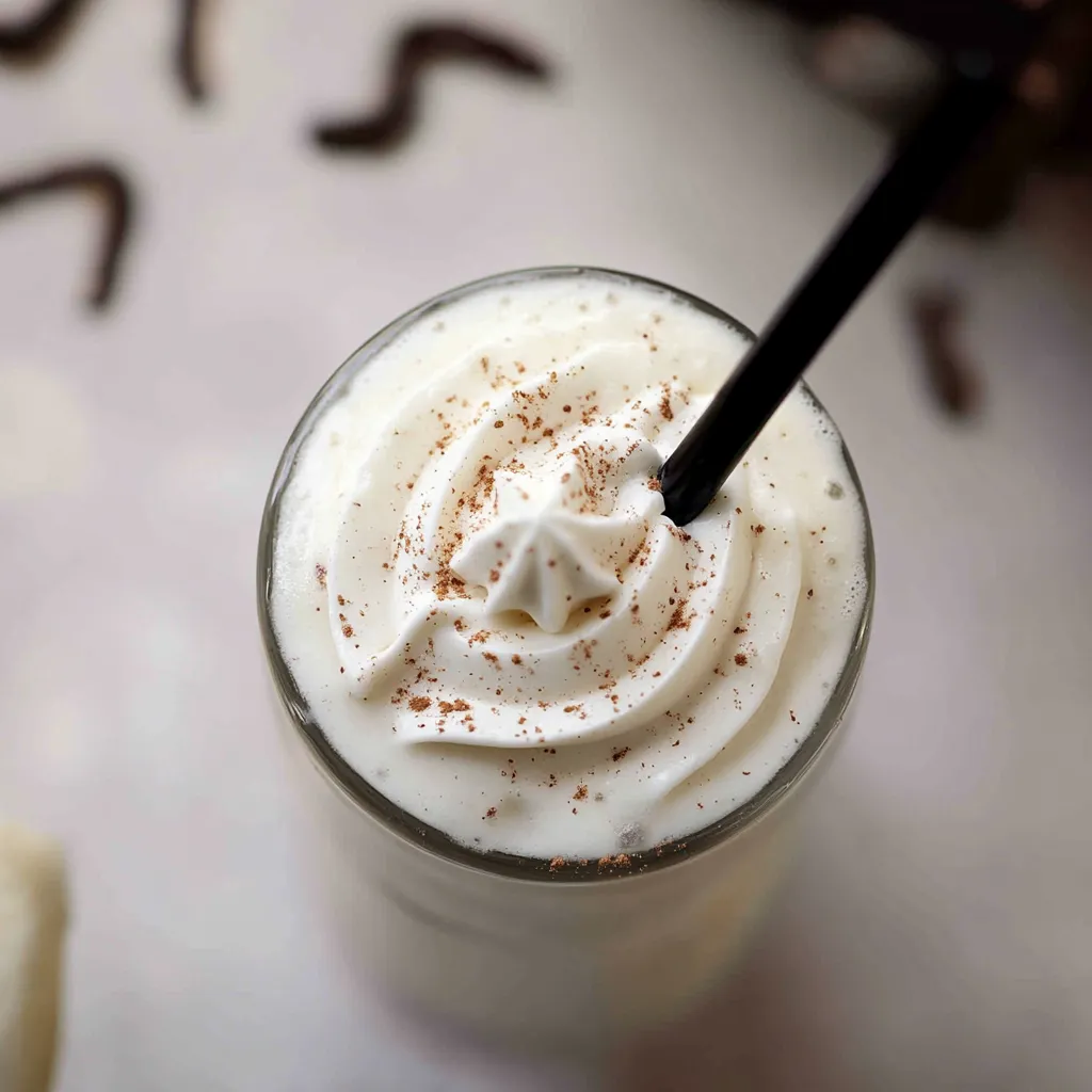 A glass of milk with whipped cream and chocolate sprinkles.