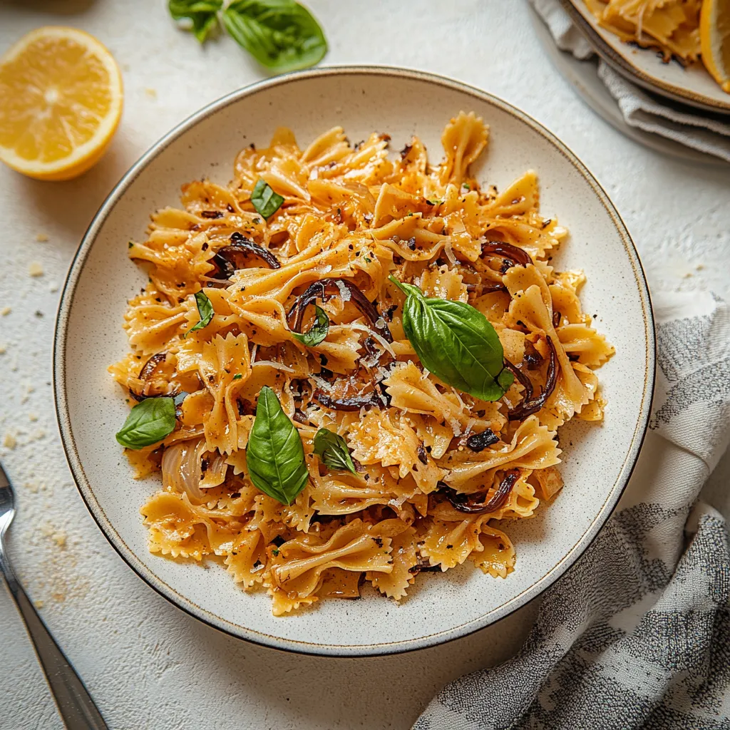 Creamy pasta close-up with herbs and veggies.