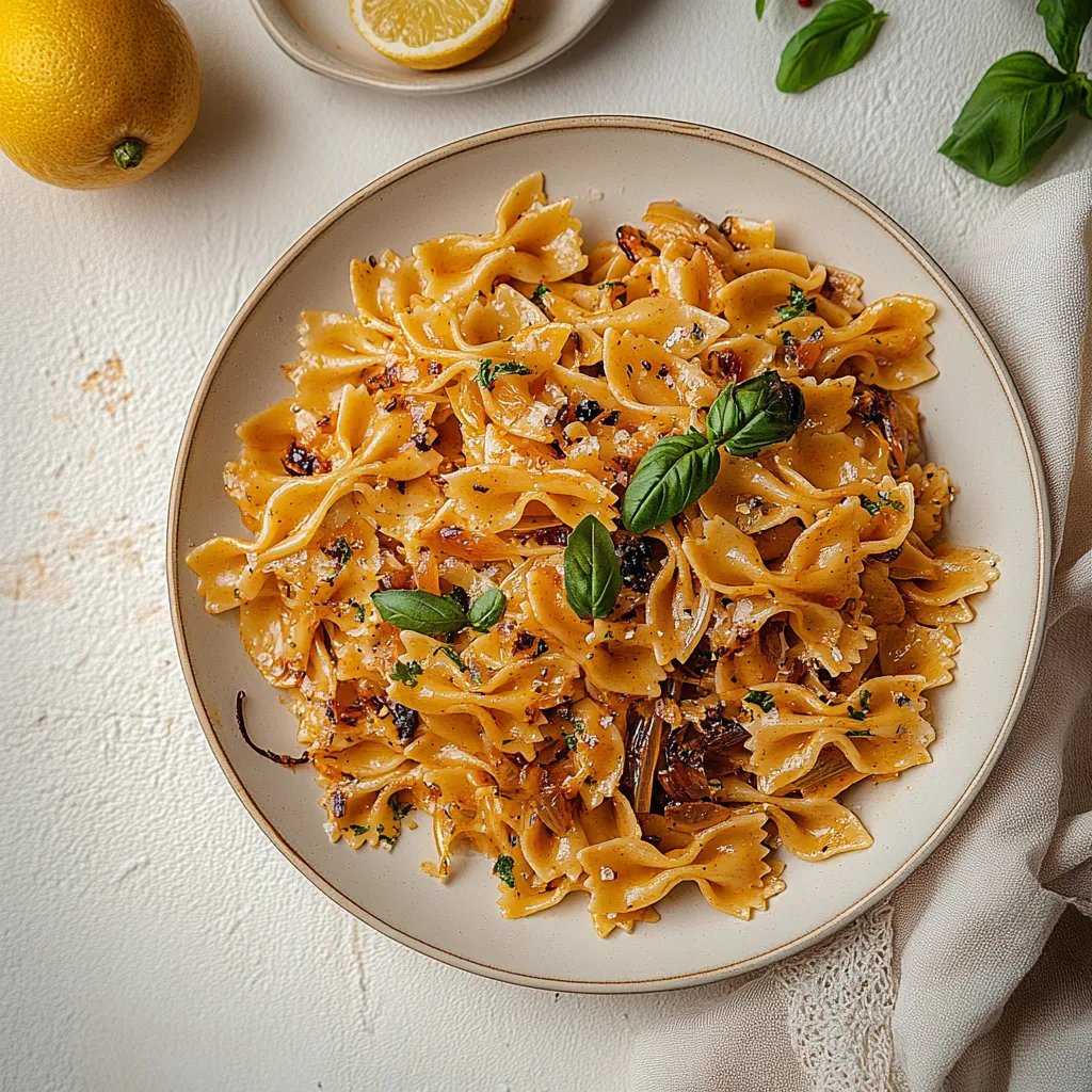 A plate of pasta with vegetables and lemon wedges.