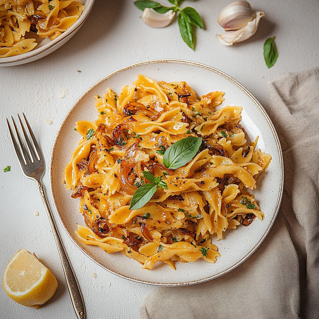 A plate of pasta with a fork and a lemon.