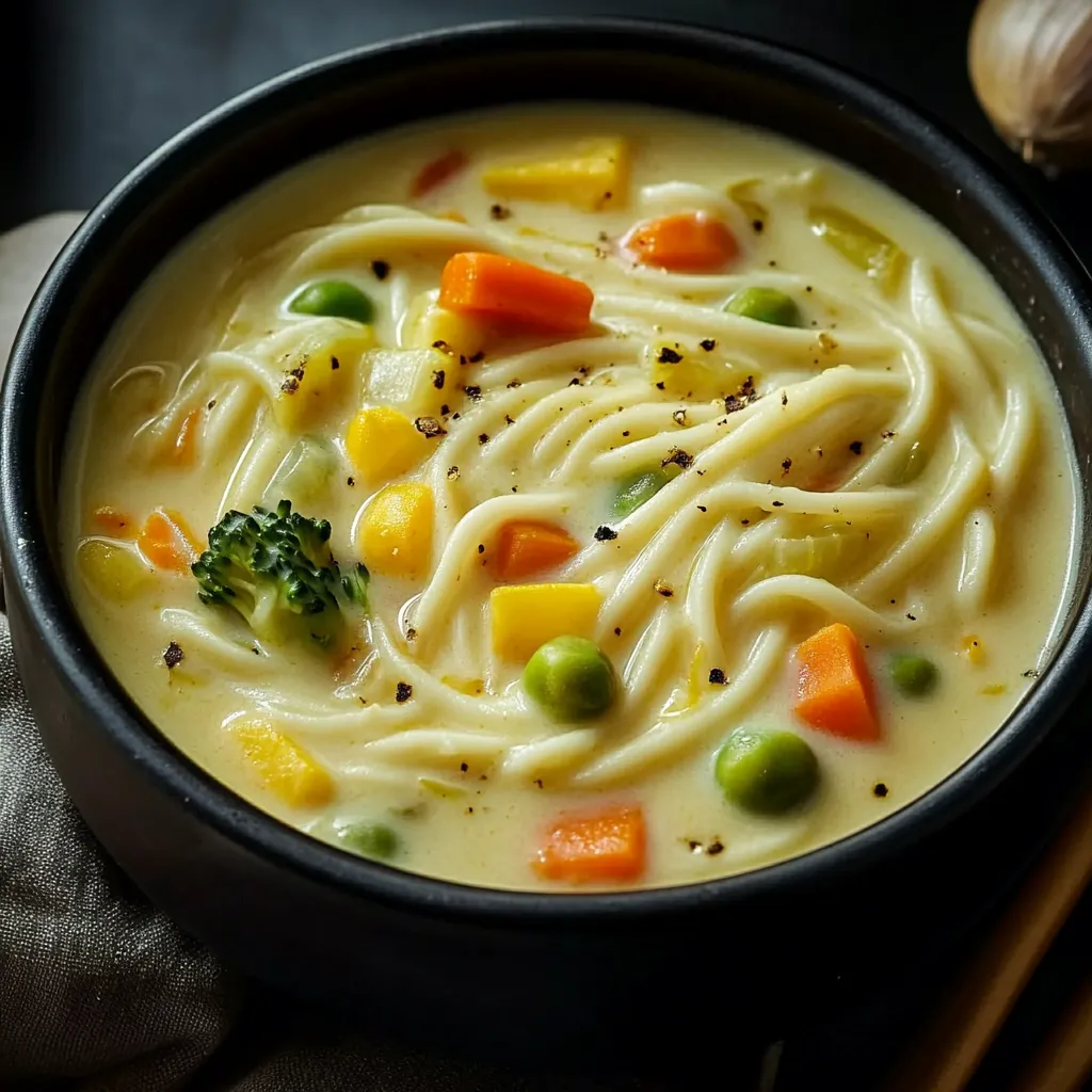 A comforting bowl of creamy soup filled with noodles and colorful vegetables.