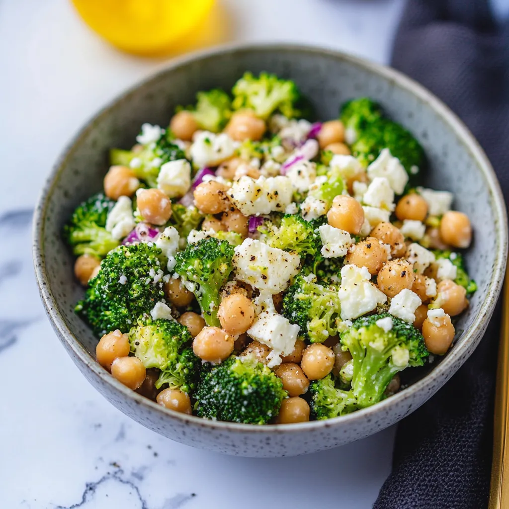 A bowl of food with broccoli and chickpeas.