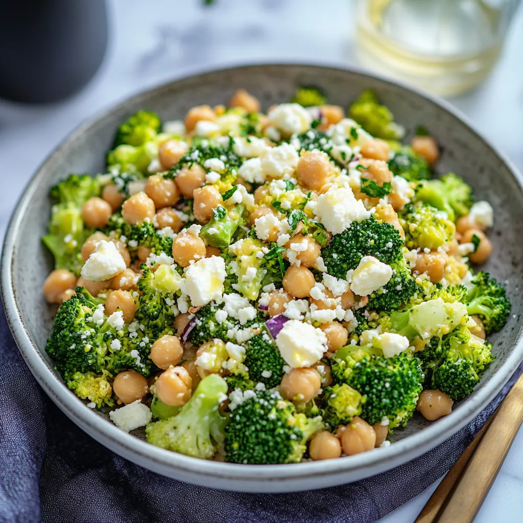 A bowl of broccoli and chickpeas.