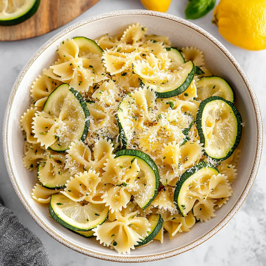 A bowl of pasta with zucchini and cheese.