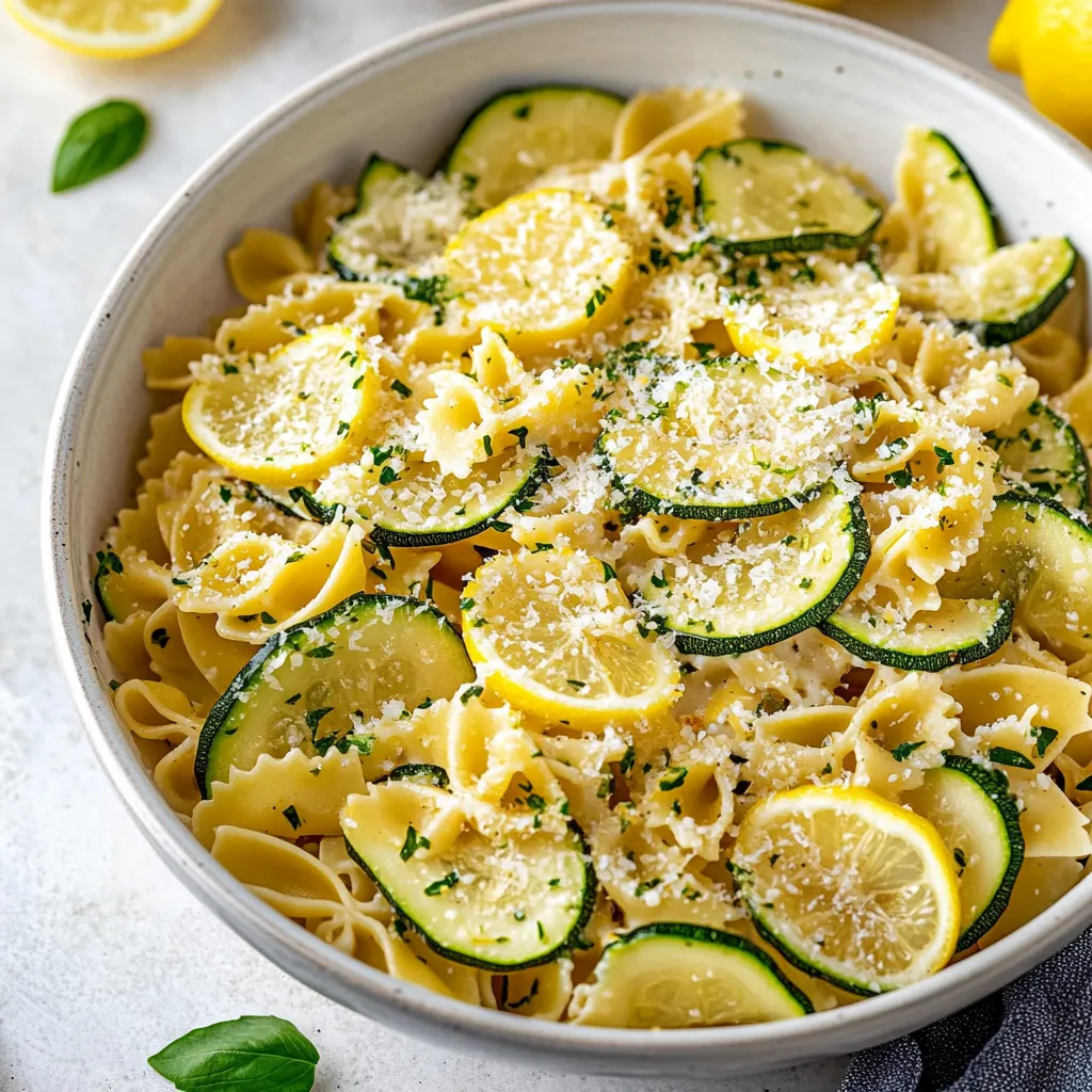 A bowl of pasta with zucchini and lemon.